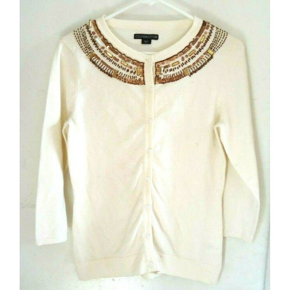 Cardigan Ivory Women's Small Beads 3/4 Sleeves Covington Lightweight NWOT